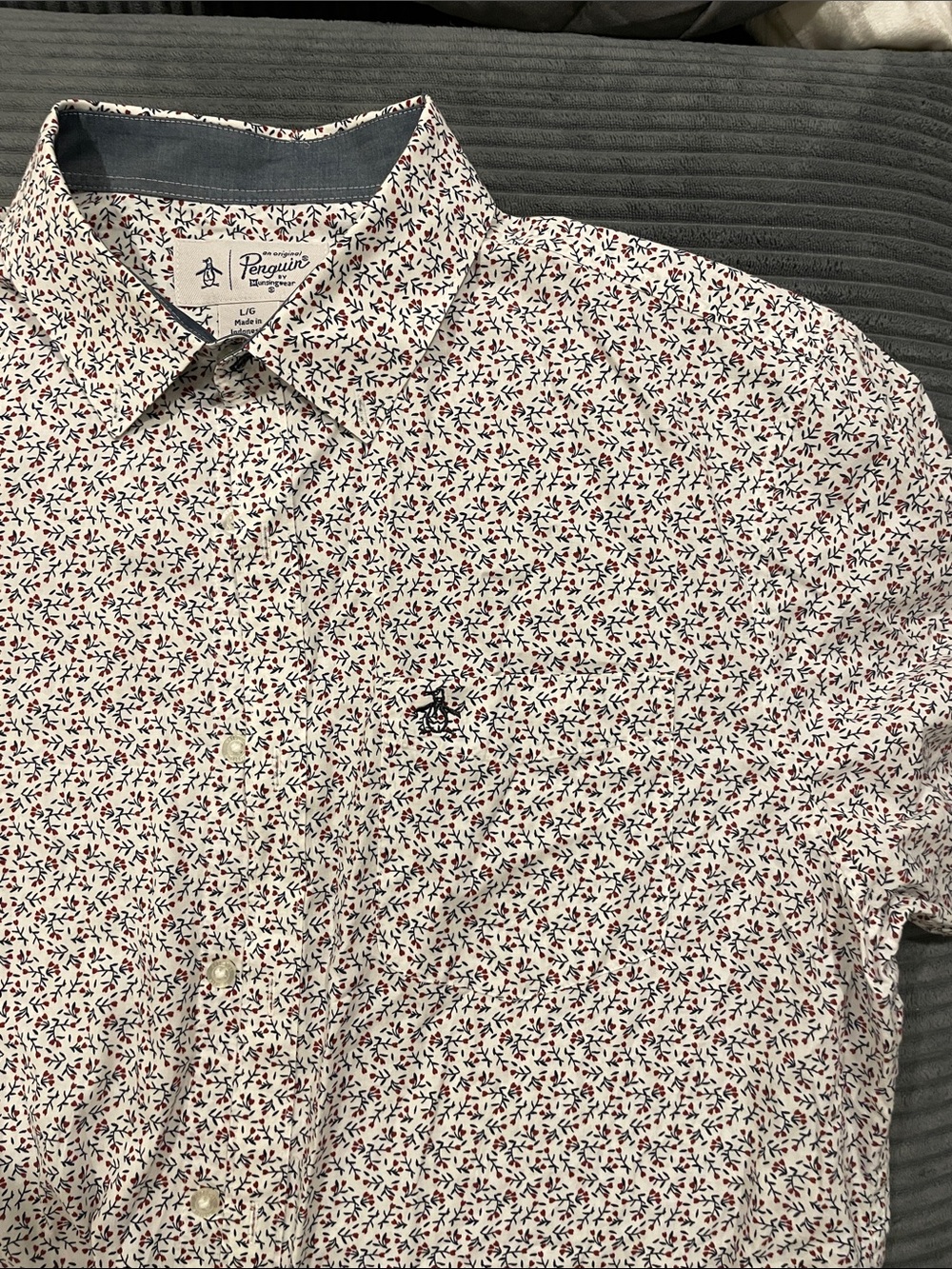 Original Penguin White Short Sleeve Button-Down Shirt with Red/Navy Floral Print